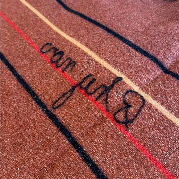 vintage 1930s Alpine wool train blanket in brick w/black, crimson & gold stripes - Picture 6 of 7